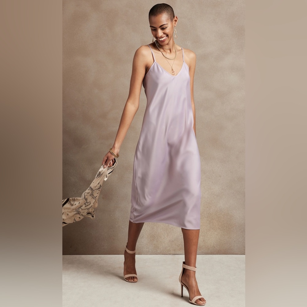 NWT Banana Republic V-Neck Midi Slip Dress, Gray Violet satin. Tall Long.